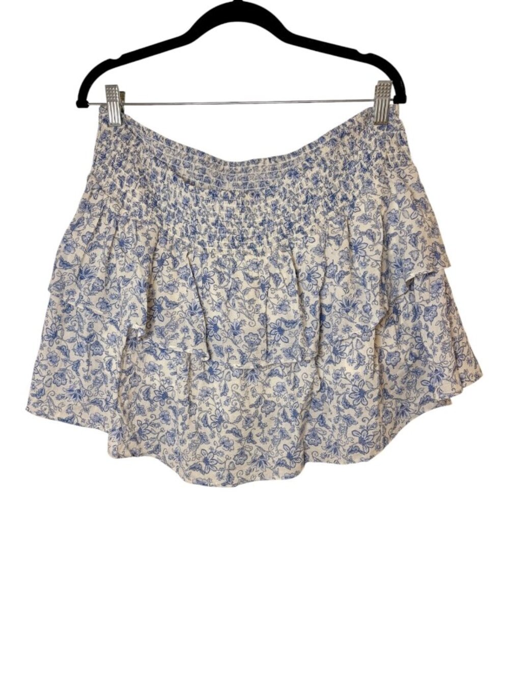 H&M White Blue Toile Floral Smocked Tiered Ruffle Mini Skirt Extra Large
